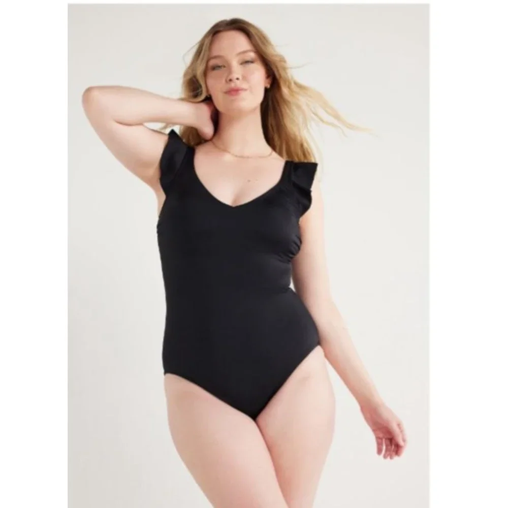 NWT Time and Tru Black Ruffle One Piece Fashion swimsuit bathing suit new pool
